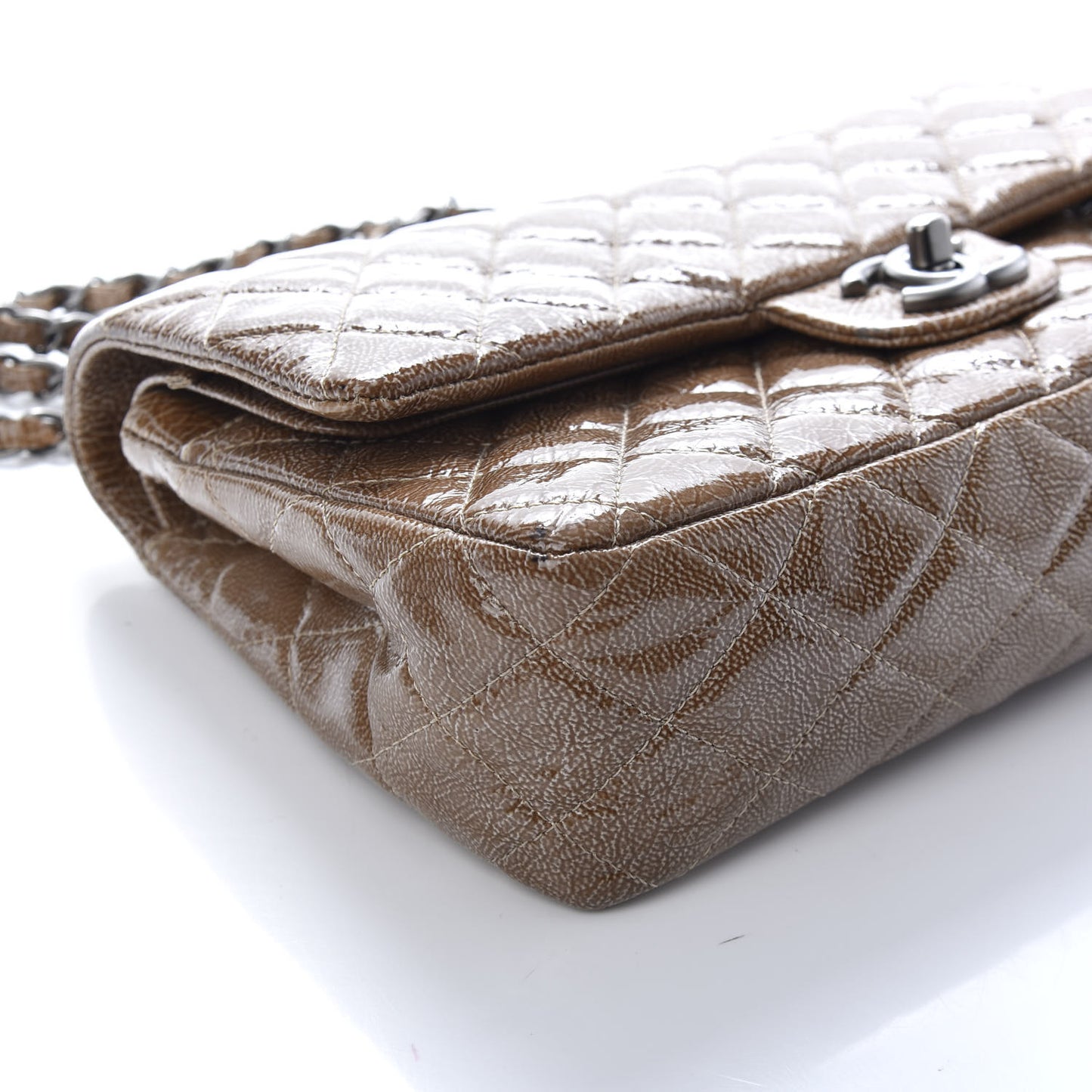 Crinkled Patent Quilted Medium Double Flap Brown