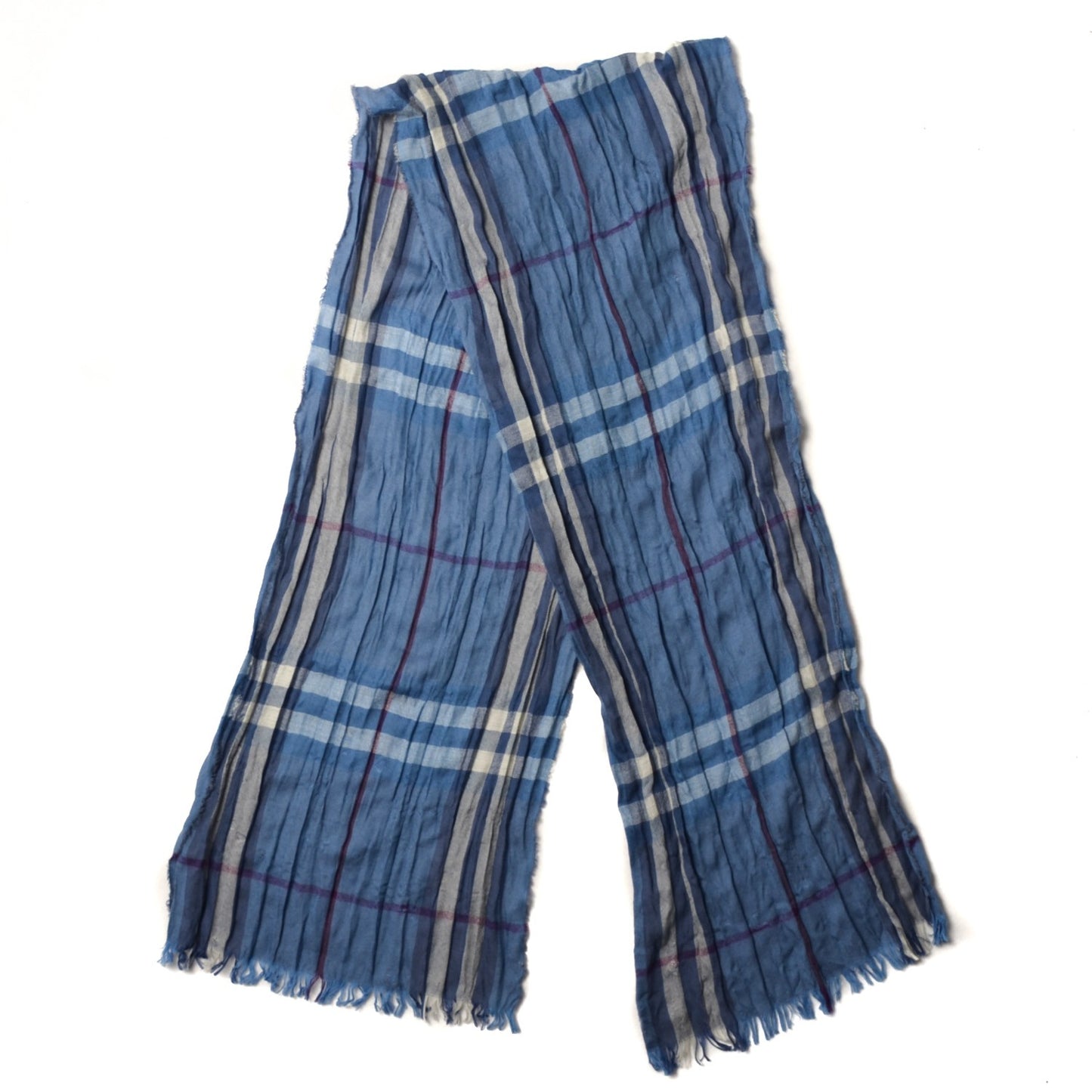 Merino Wool Cashmere Check Crinkle Scarf Blue