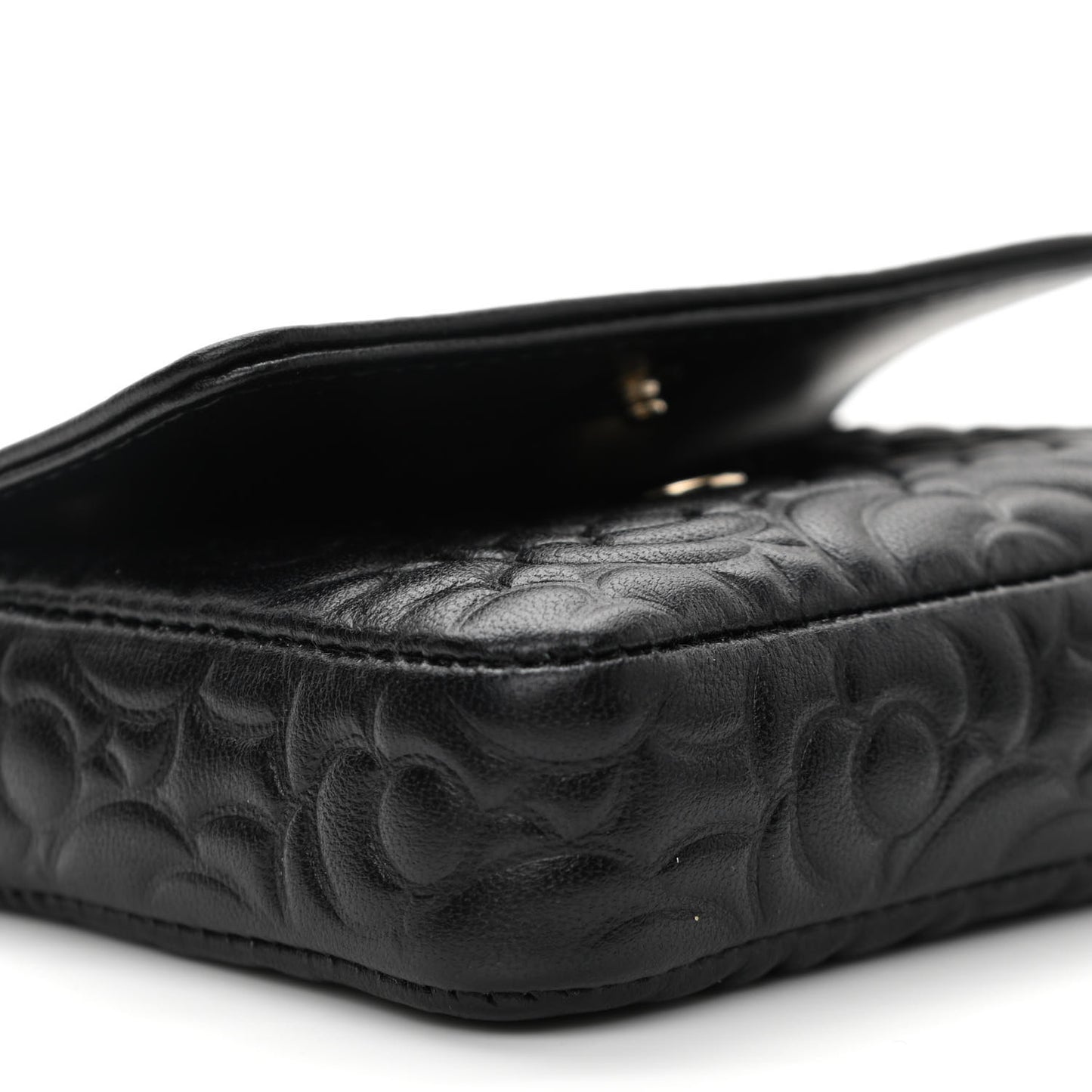 Lambskin Camellia Embossed Chain Belt Bag Black
