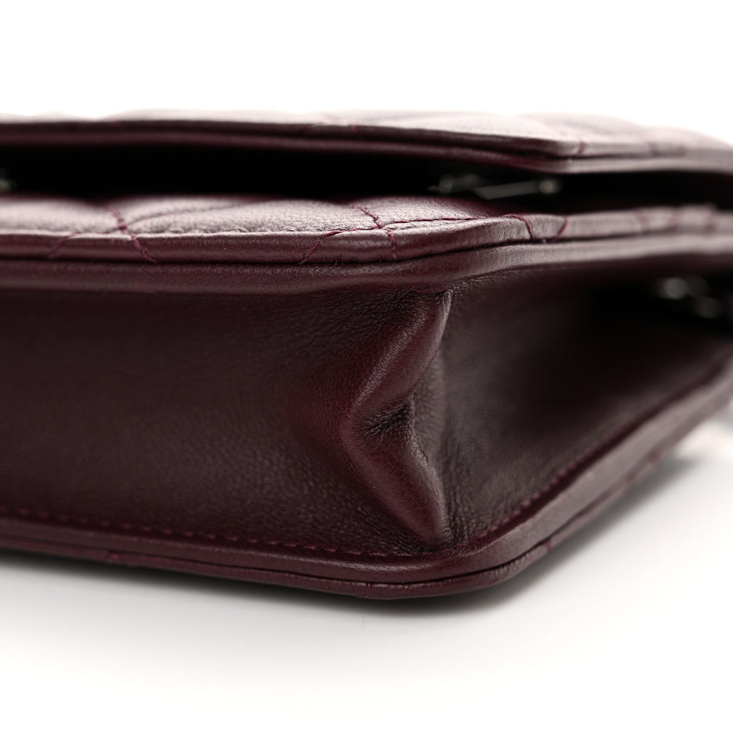 Lambskin Quilted Enamel CC Wallet On Chain WOC Burgundy