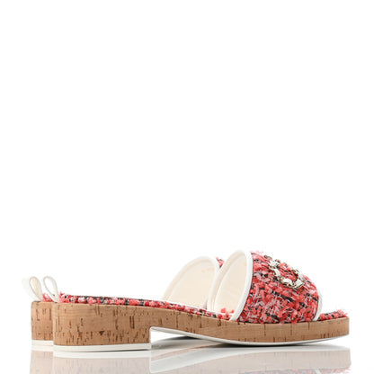 Chanel Tweed Cork CC Chain Mule Sandal 39 Coral Red Pink 3 of 6