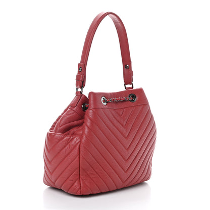 Chanel Deerskin Chevron Small CC Chain Bucket Drawstring Bag Red 3 of 10