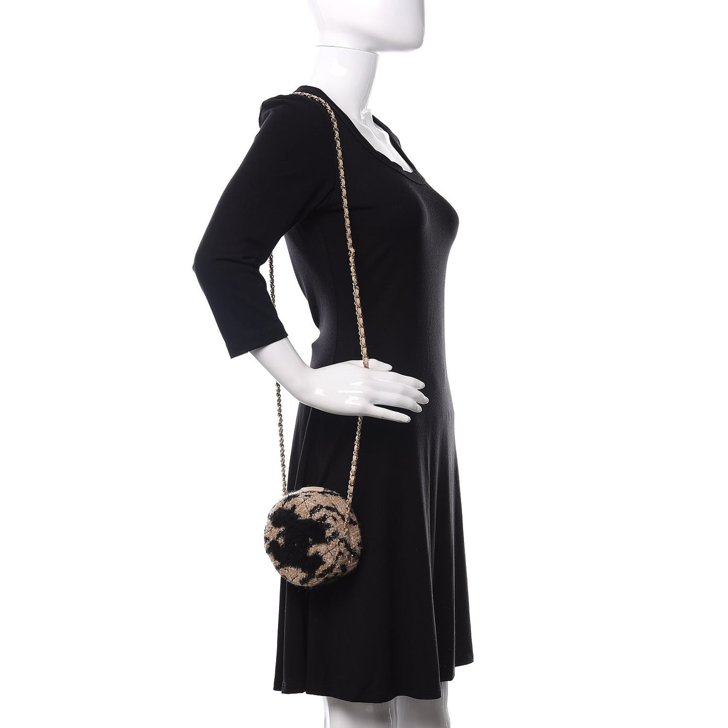Tweed Shearling Round Clutch With Chain and Coin Purse Beige Black