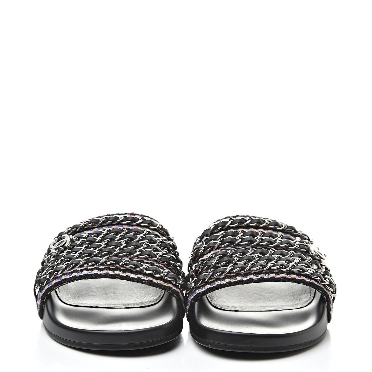 Tweed Lambskin Chain Flat Sandals 37 Black Multicolor
