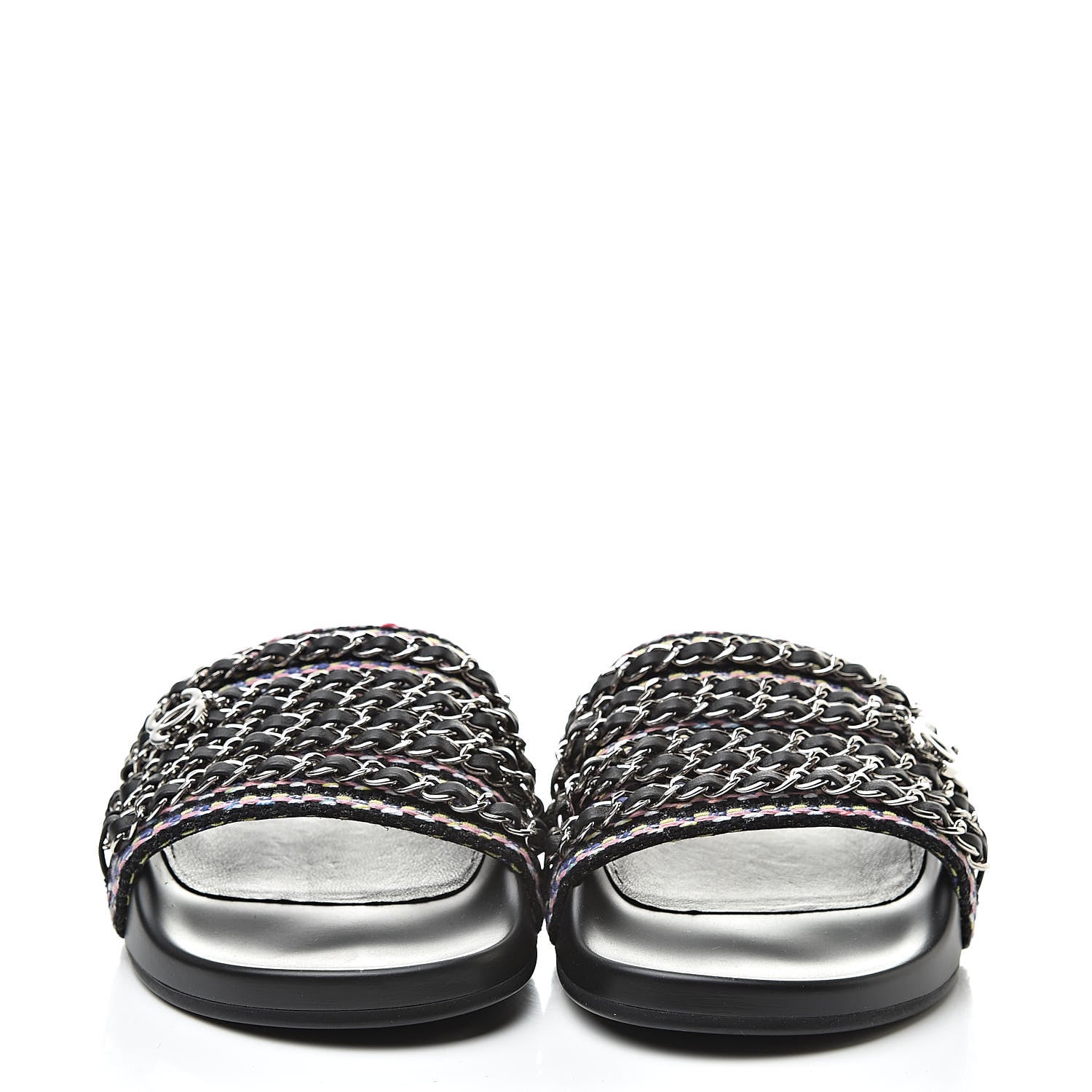 Chanel Tweed Lambskin Chain Flat Sandals 37 Black Multicolor 2 of 9