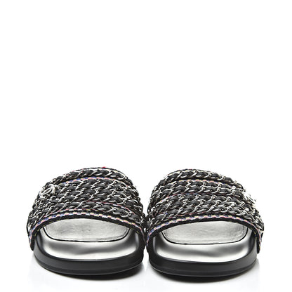 Chanel Tweed Lambskin Chain Flat Sandals 37 Black Multicolor 2 of 9