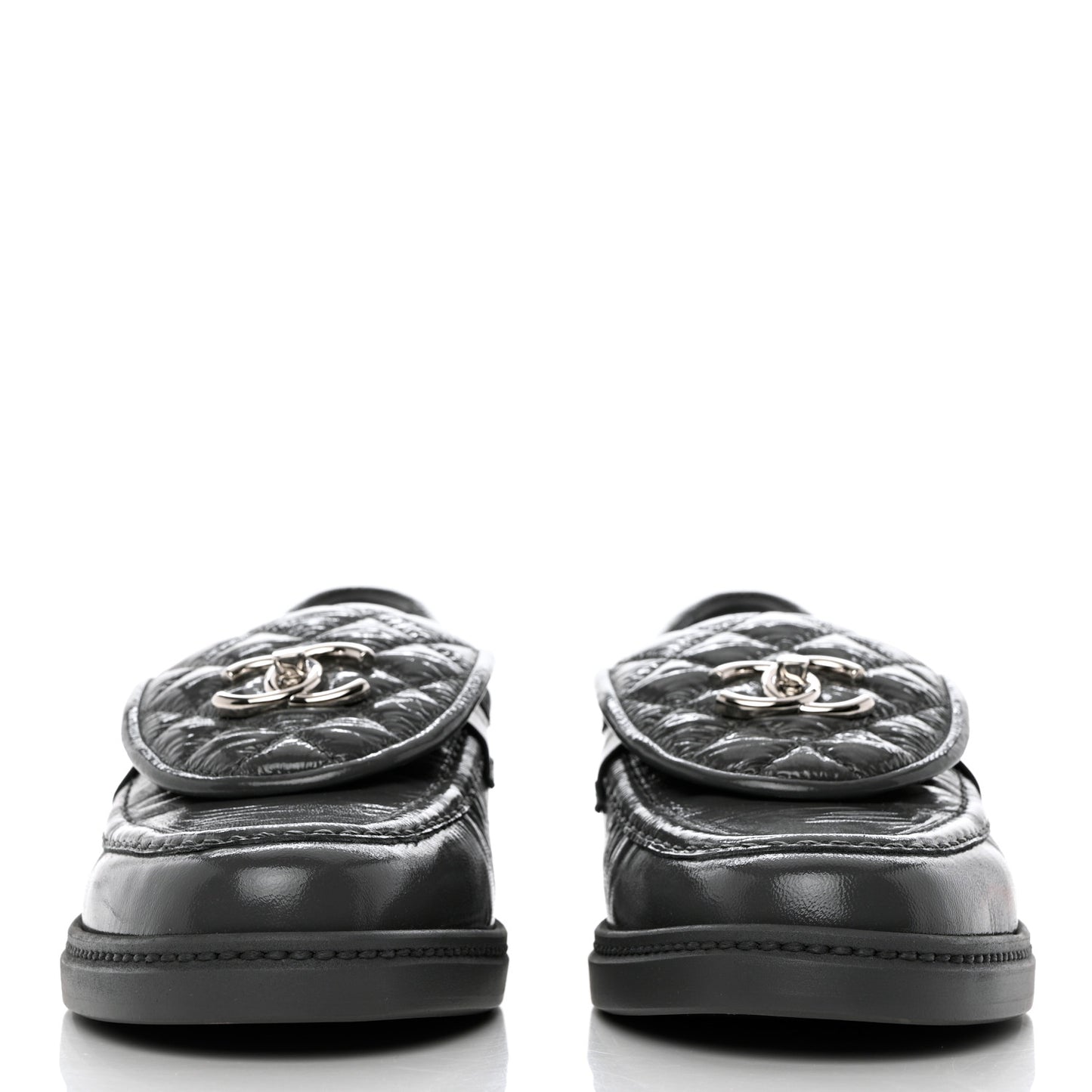 Crumpled Shiny Lambskin Quilted CC Turnlock Loafers 39.5 Dark Grey