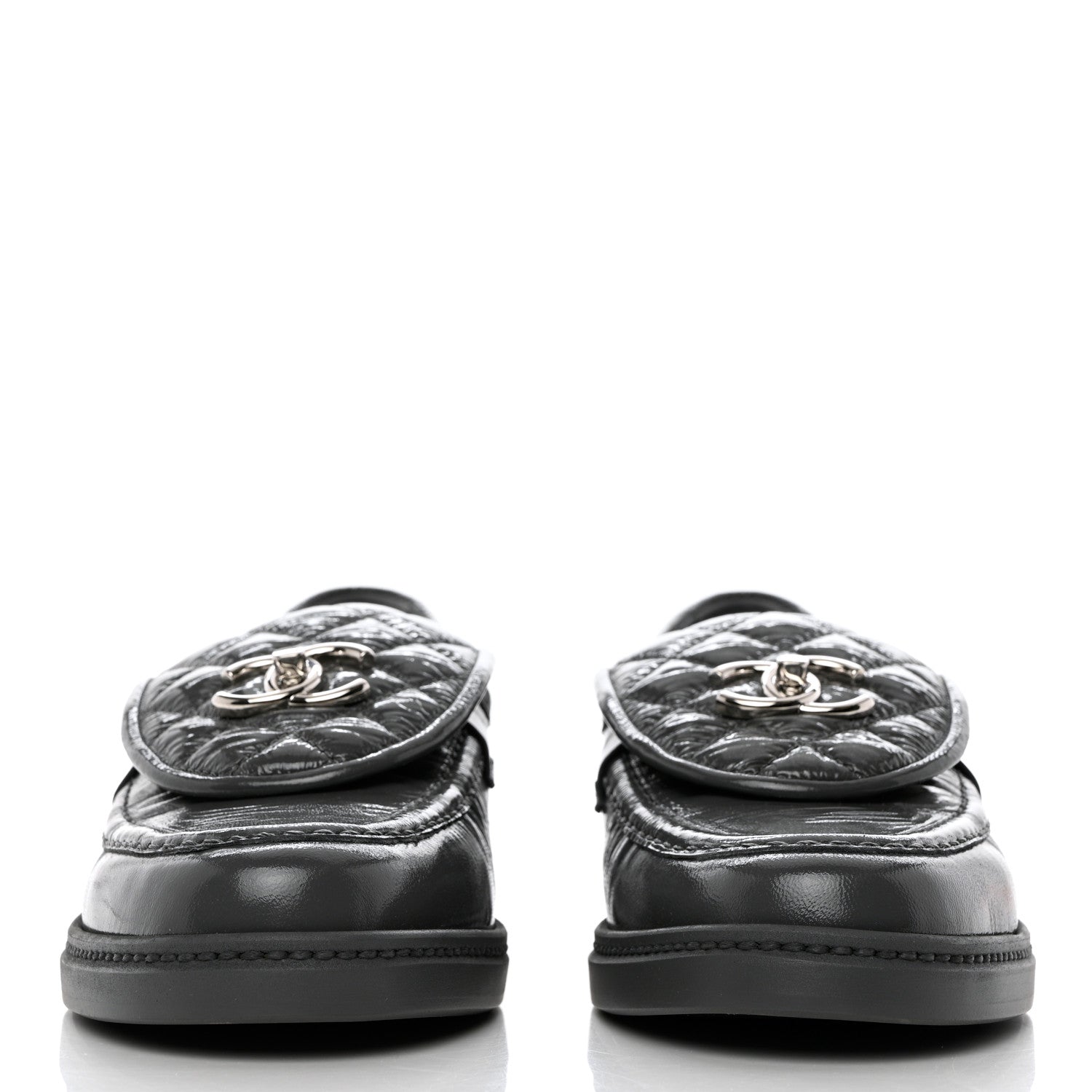 Chanel Crumpled Shiny Lambskin Quilted CC Turnlock Loafers 39.5 Dark Grey 2 of 9