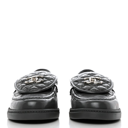 Chanel Crumpled Shiny Lambskin Quilted CC Turnlock Loafers 39.5 Dark Grey 2 of 9