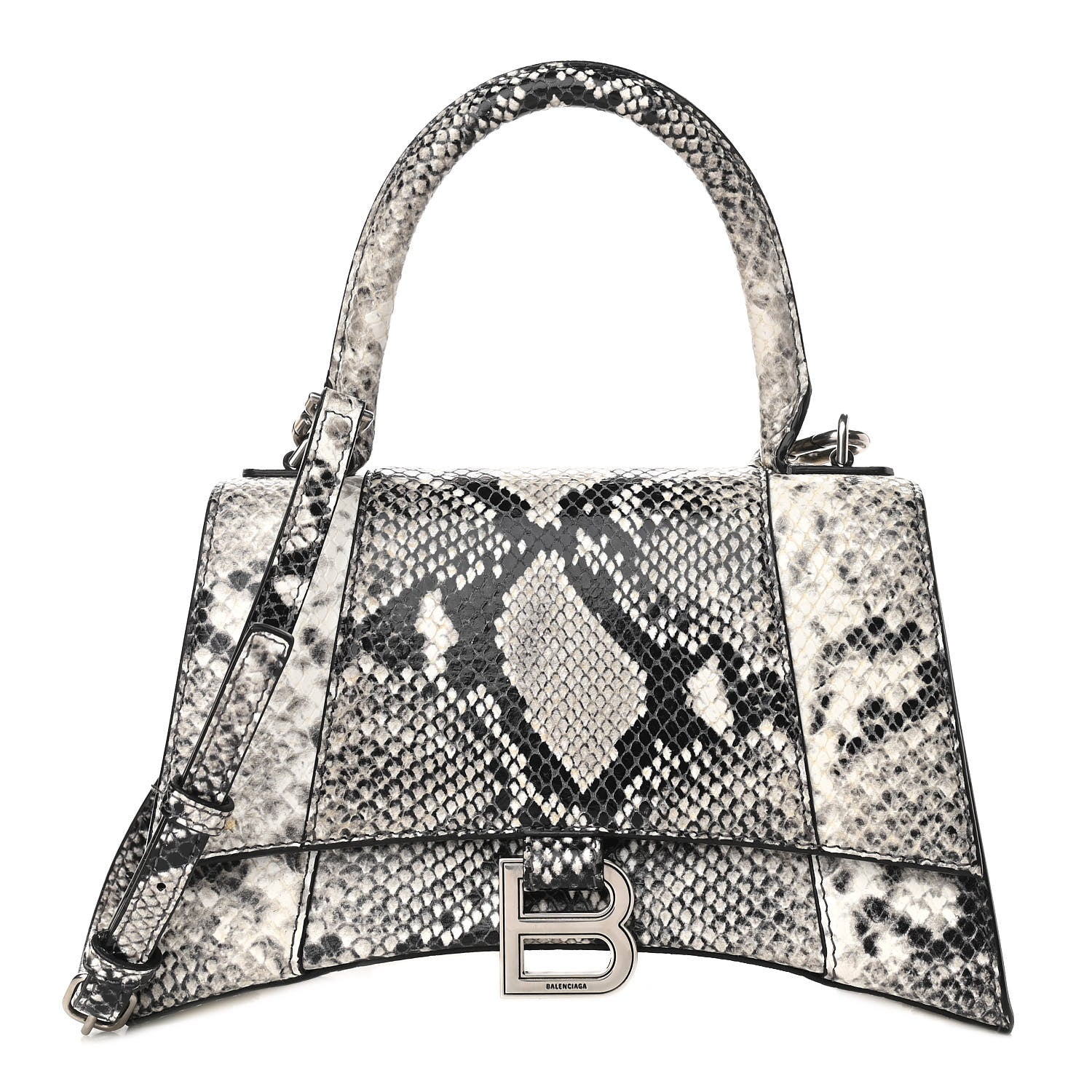 Balenciaga Calfskin Snake Effect Small Hourglass Top Handle Bag Black White 1 of 13