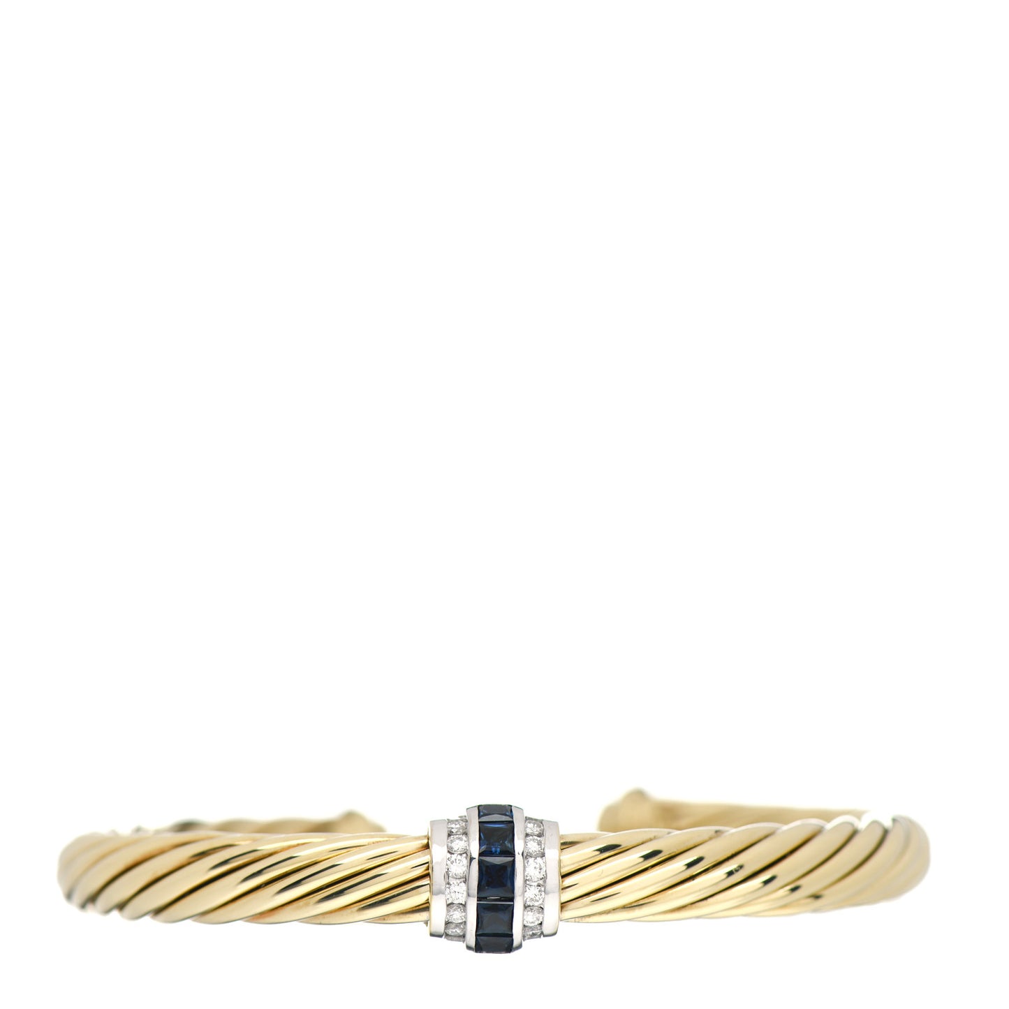 18K Yellow Gold Diamond Blue Sapphire 7mm Cable Single Station Bracelet