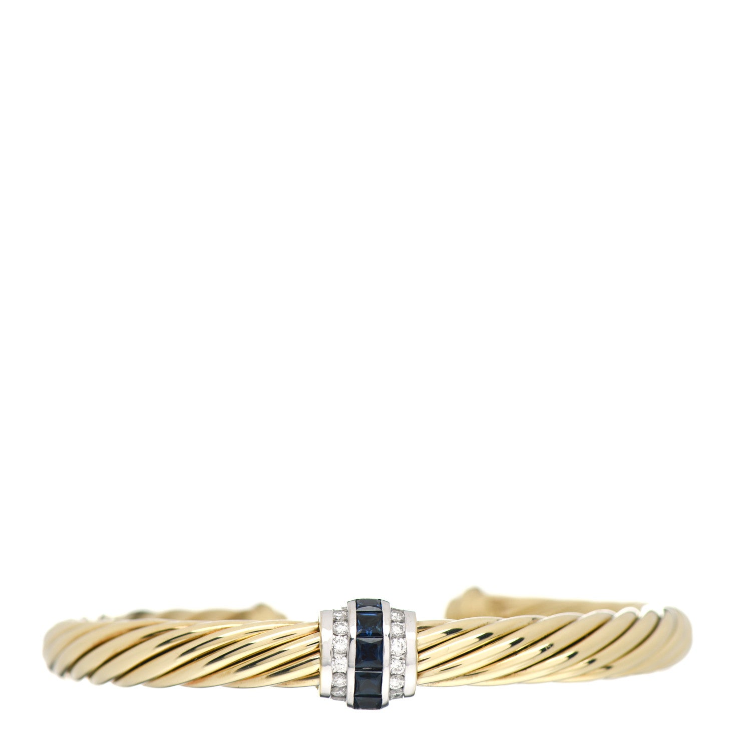 David Yurman 18K Yellow Gold Diamond Blue Sapphire 7mm Cable Single Station Bracelet 1 of 4