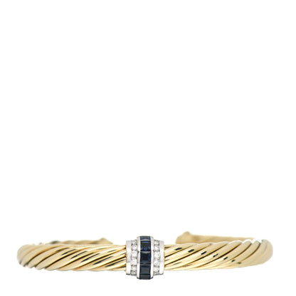 David Yurman 18K Yellow Gold Diamond Blue Sapphire 7mm Cable Single Station Bracelet 1 of 4