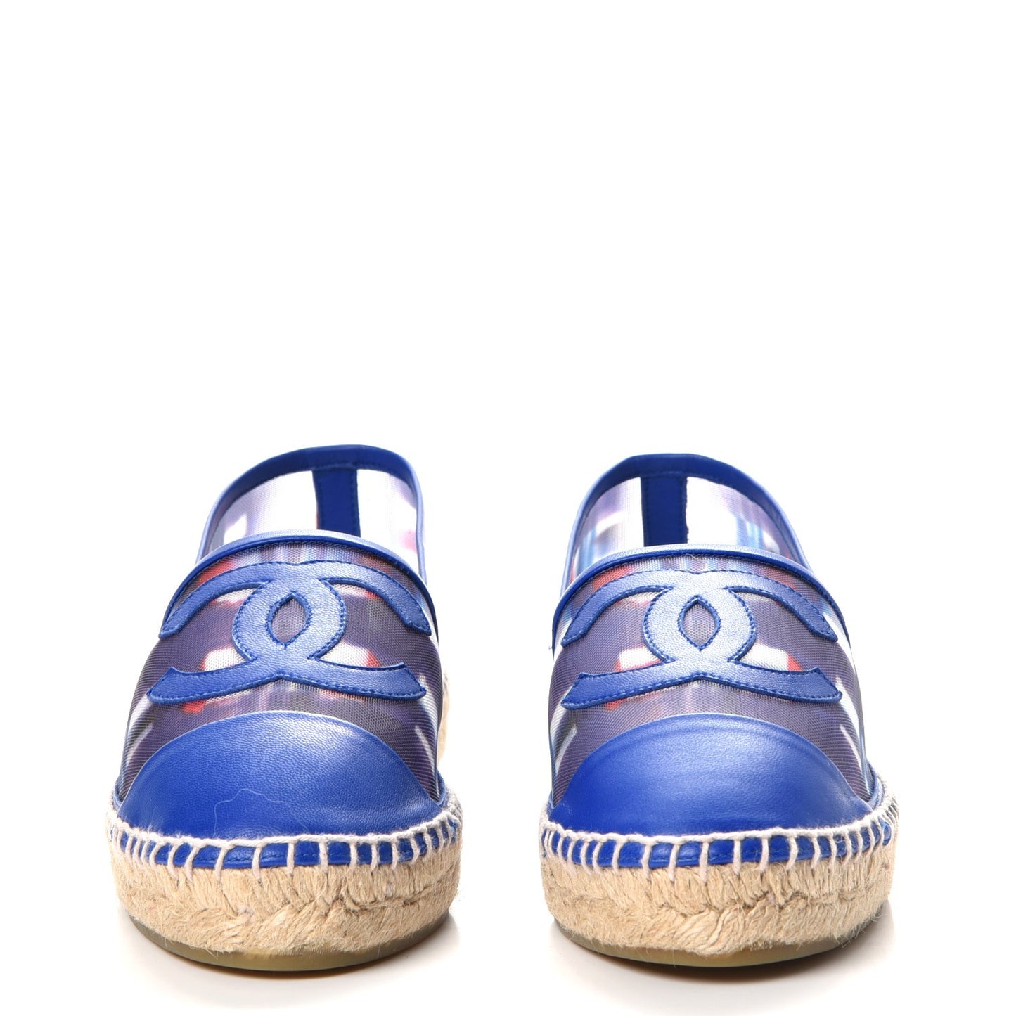 Mesh Lambskin Plaid Print CC Espadrilles 38 Blue White Red