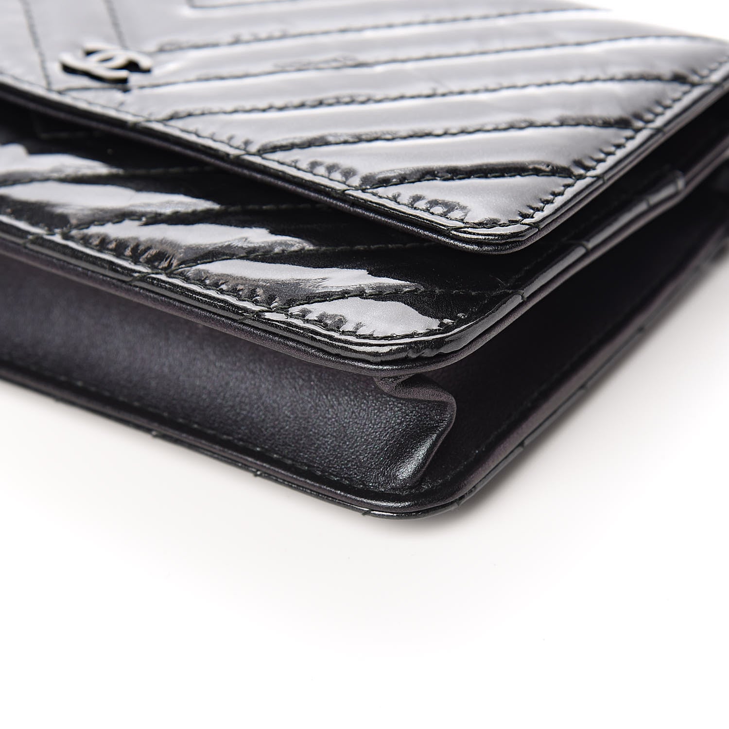 Chanel Patent Metallic Crumpled Calfskin Chevron Quilted Wallet On Chain WOC Black 11 of 13