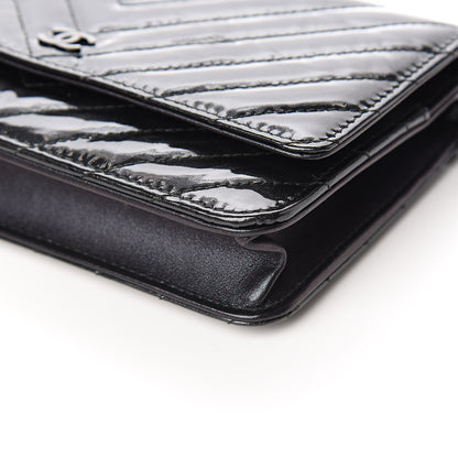 Chanel Patent Metallic Crumpled Calfskin Chevron Quilted Wallet On Chain WOC Black 11 of 13