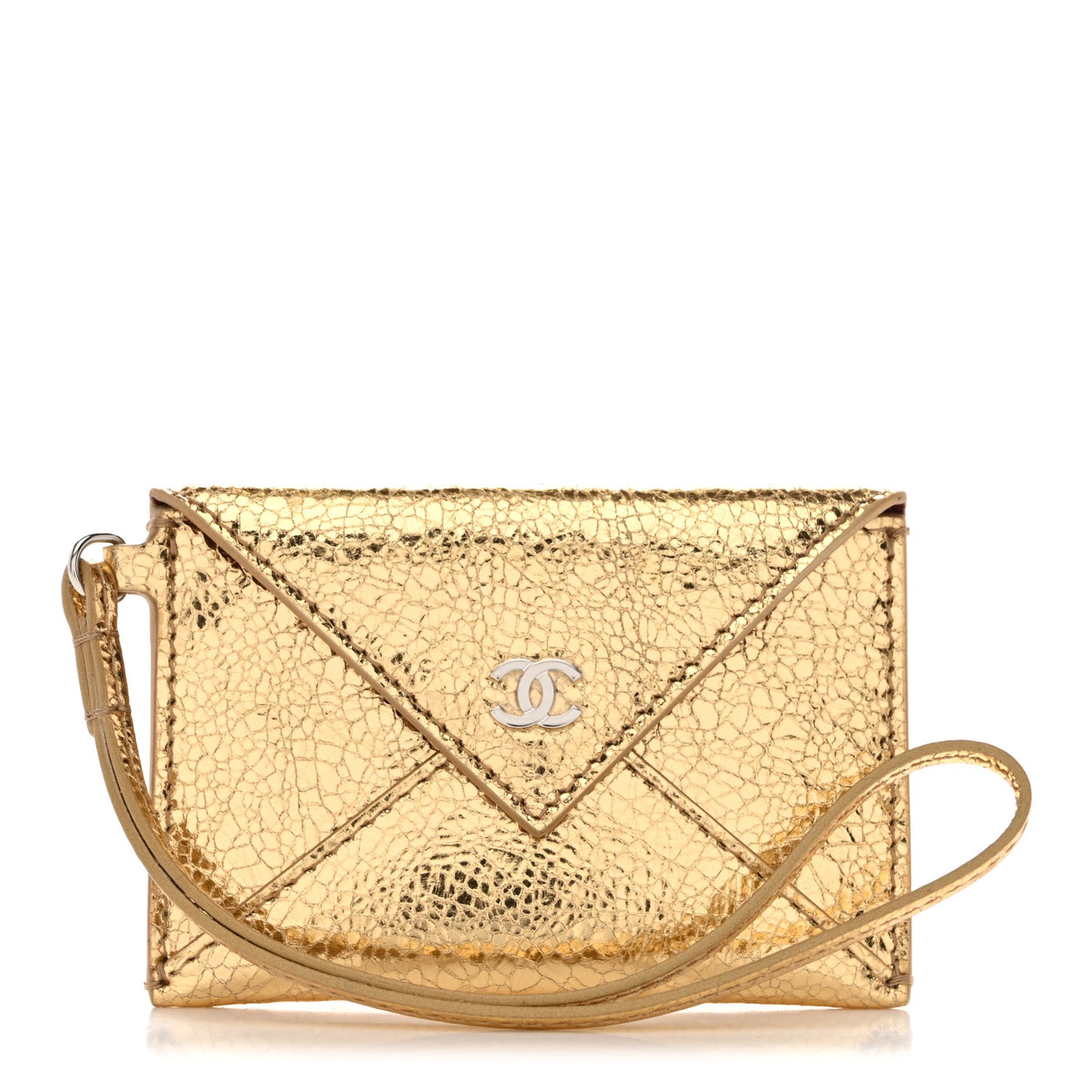 Metallic Lambskin Card Holder With Strap Gold