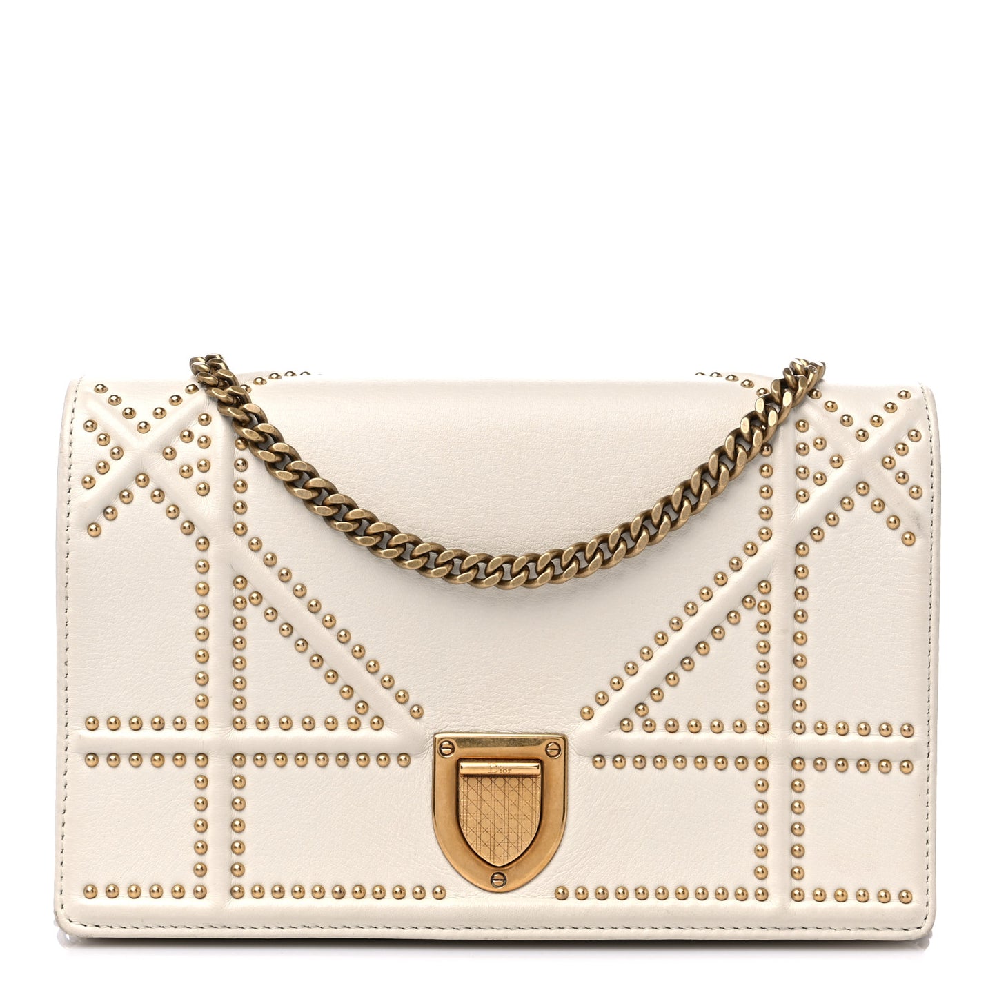 Lambskin Studded Diorama Wallet on Chain Pouch Off White