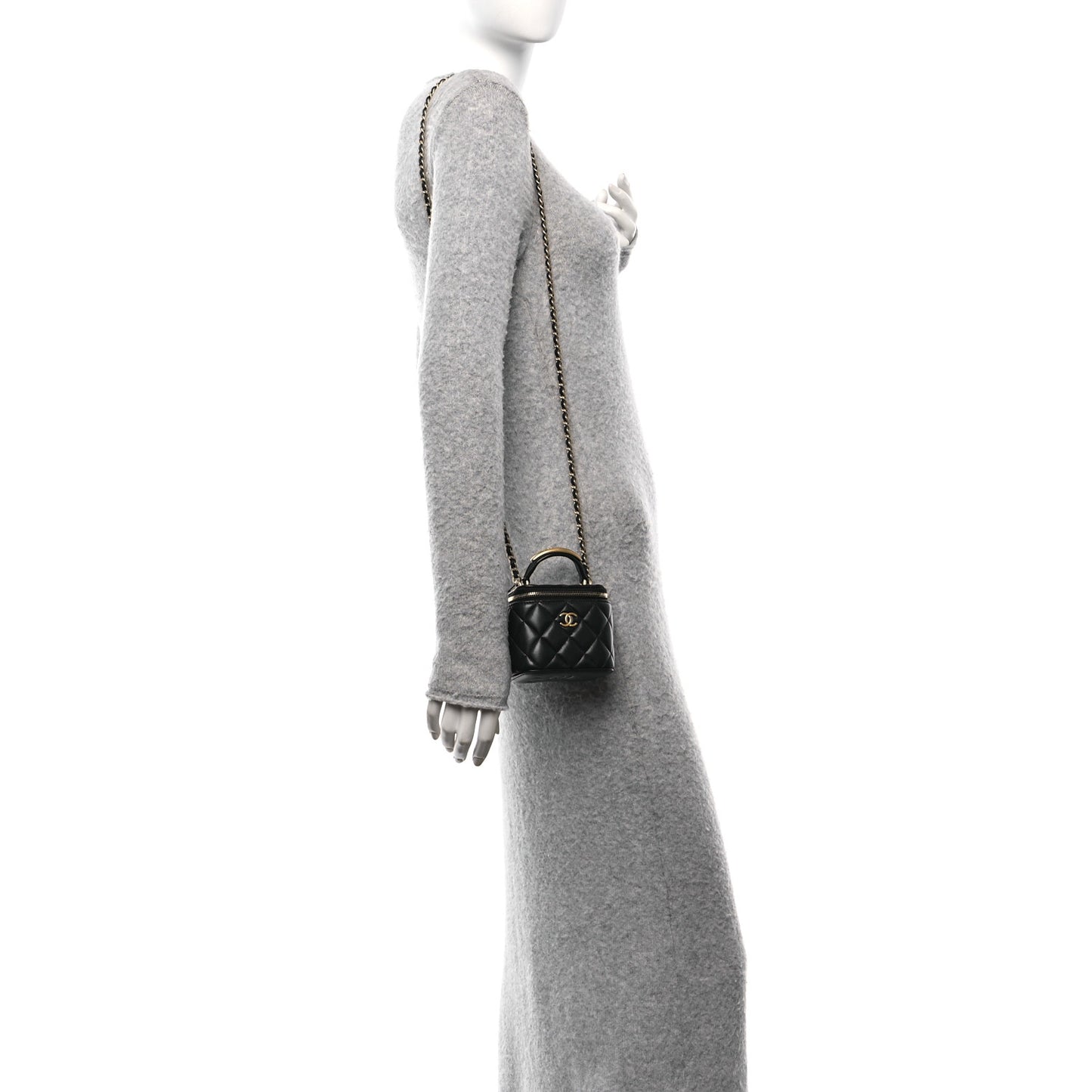 Lambskin Quilted Metal Mini Top Handle Vanity Case With Chain Black
