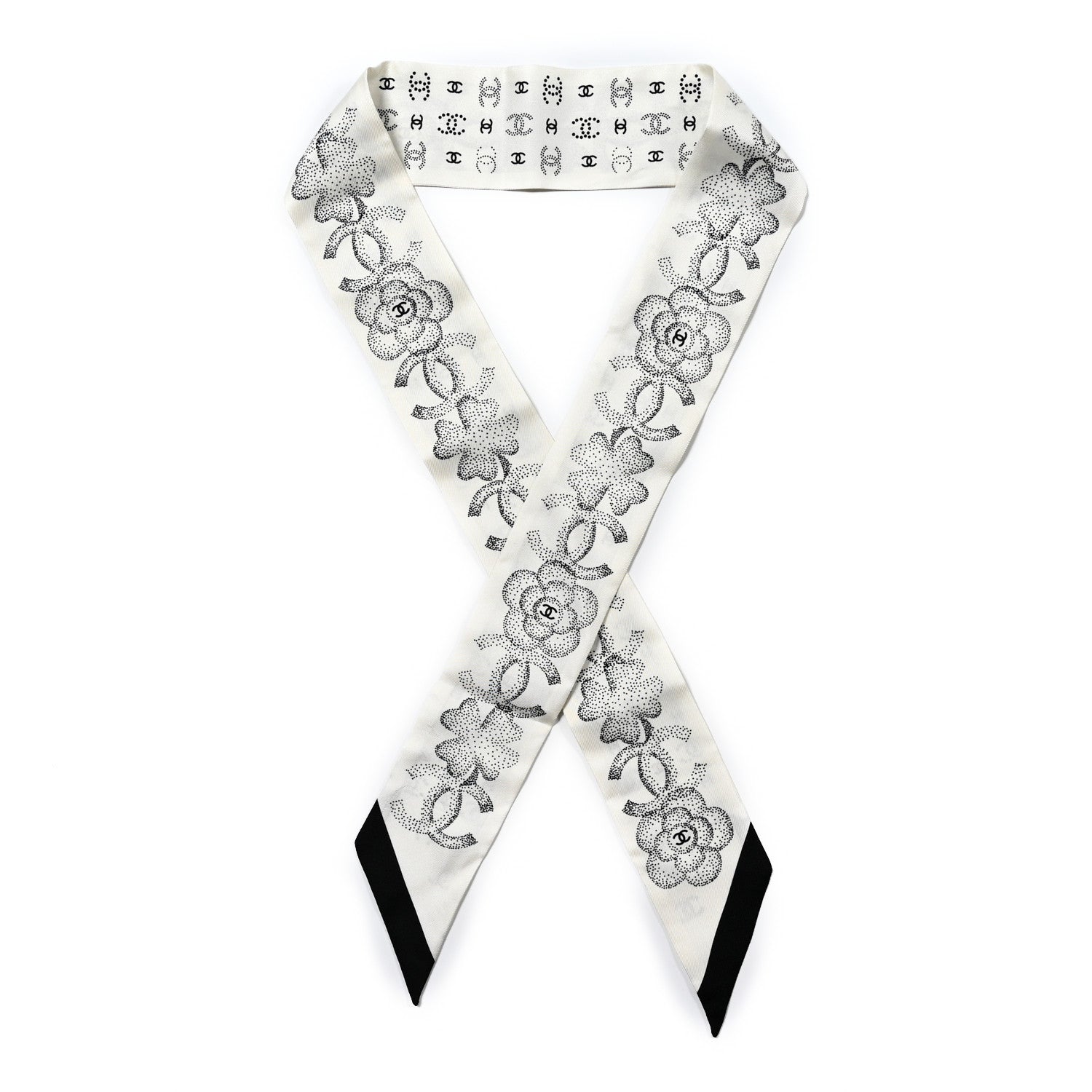 Chanel Silk Clover CC Slim Bandeau Scarf White Black 1 of 3