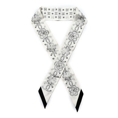 Chanel Silk Clover CC Slim Bandeau Scarf White Black 1 of 3
