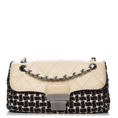 Chanel Tweed Calfskin Woven Single Flap Black Beige 1 of 12