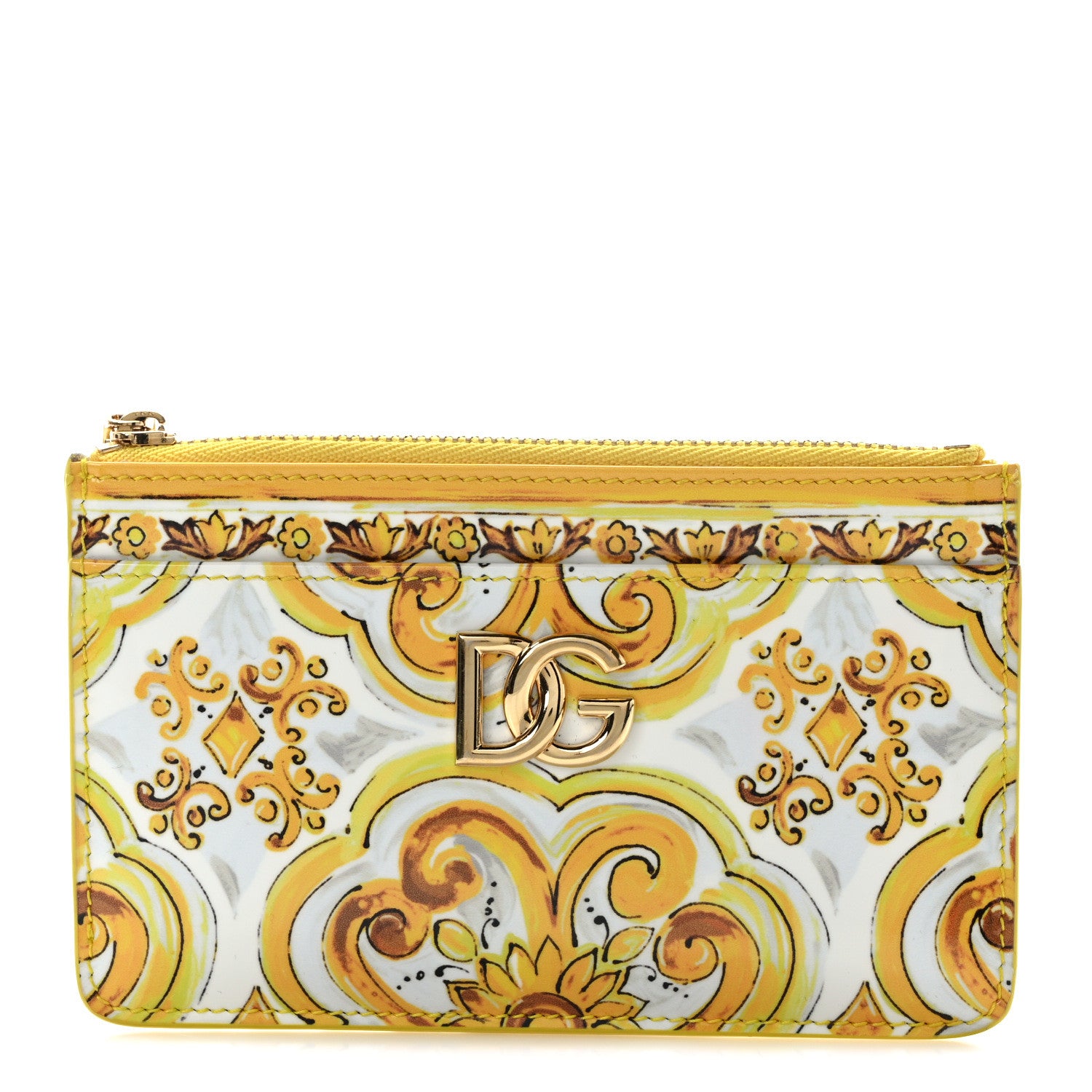 Dolce & Gabbana Vitello Lucido Stampato Majolica Print Zipped Card Holder Yellow White 1 of 7