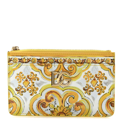 Dolce & Gabbana Vitello Lucido Stampato Majolica Print Zipped Card Holder Yellow White 1 of 7