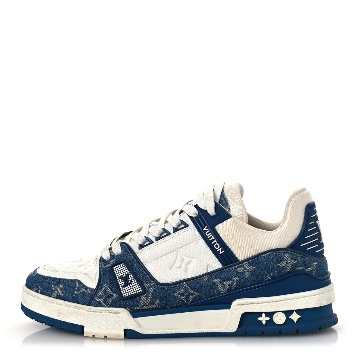 Louis Vuitton Calfskin Embossed Monogram Denim Mens LV Trainer Sneakers 7.5 Blue 1 of 16