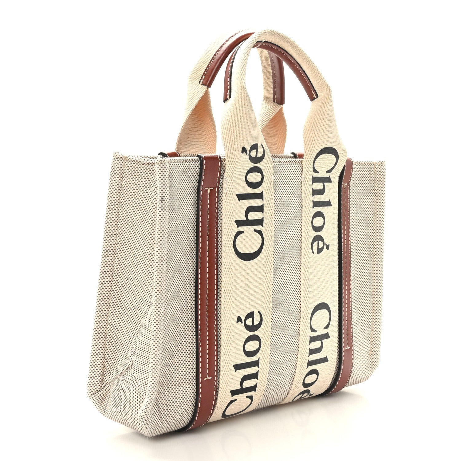 Chloe Cotton Calfskin Small Woody Ribbon Tote White Brown 3 of 8