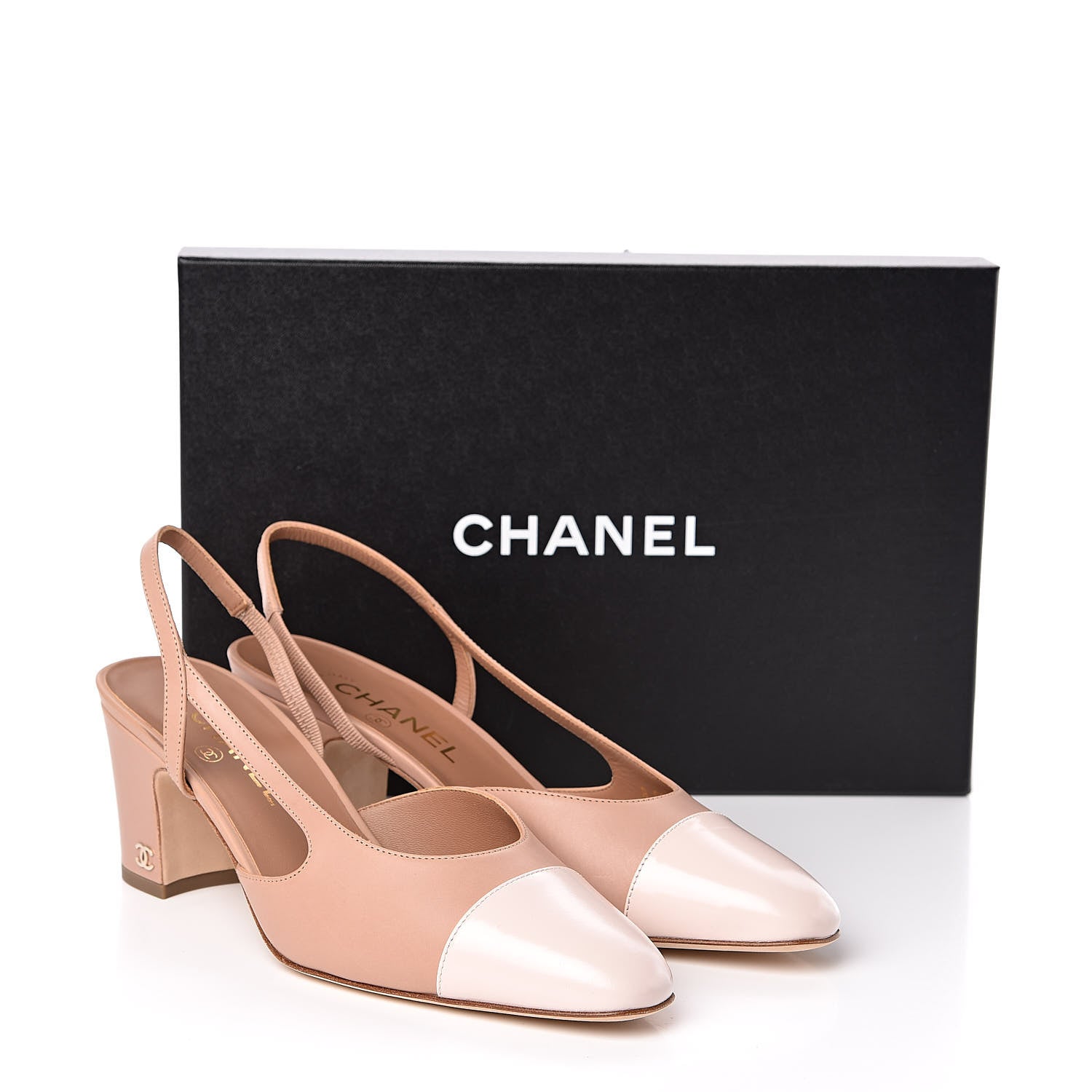 Chanel Glazed Calfskin Cap Toe CC Slingback Pumps 39 Beige White 9 of 9