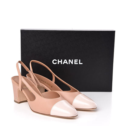 Chanel Glazed Calfskin Cap Toe CC Slingback Pumps 39 Beige White 9 of 9