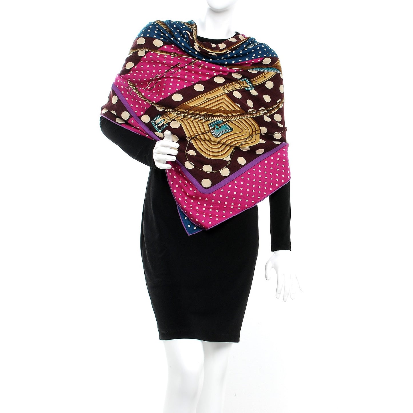 Cashmere Silk Clic Clac A Pois Shawl 140 Ardoise Aubergine Fuchsia
