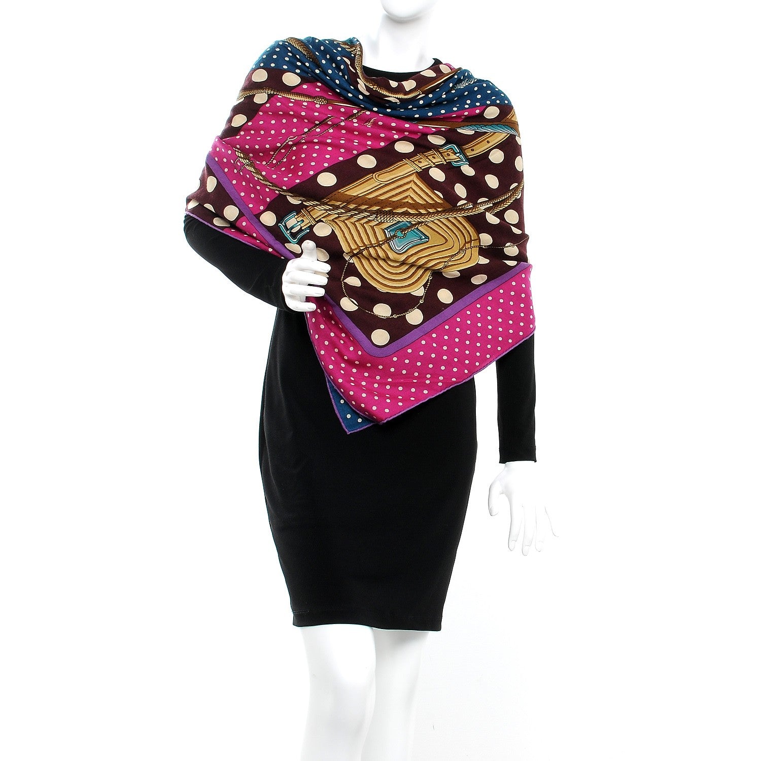 Hermes Cashmere Silk Clic Clac A Pois Shawl 140 Ardoise Aubergine Fuchsia 2 of 5