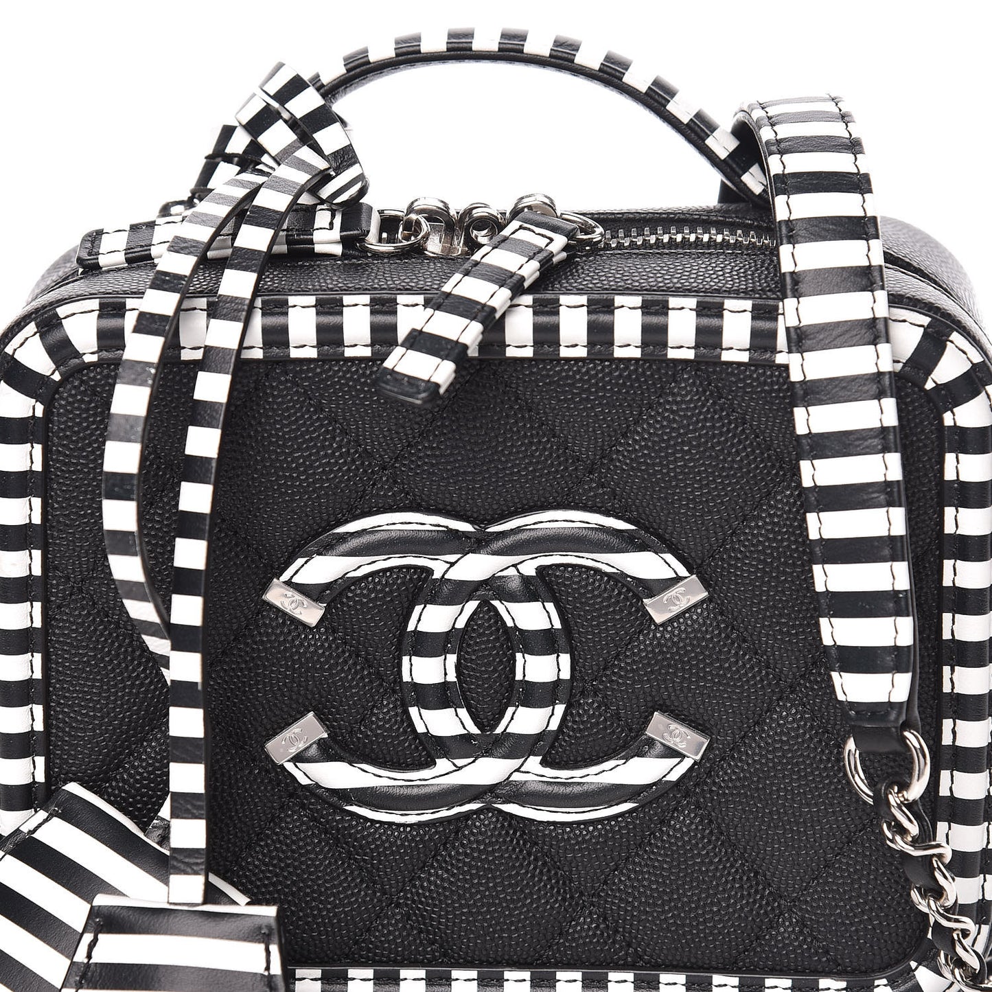 Caviar Quilted Striped Small CC Filigree Vanity Case Black White