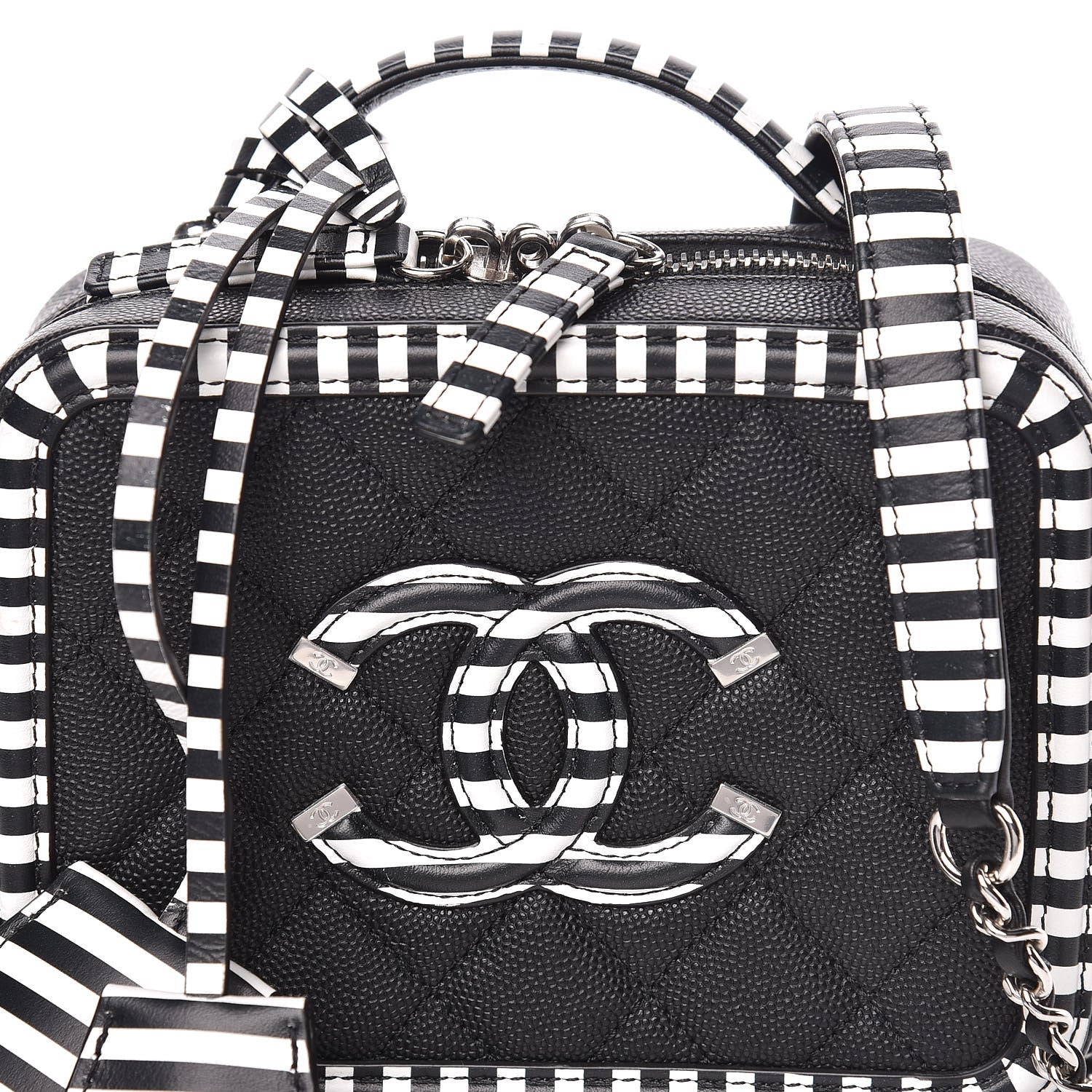 Chanel Caviar Quilted Striped Small CC Filigree Vanity Case Black White 10 of 10