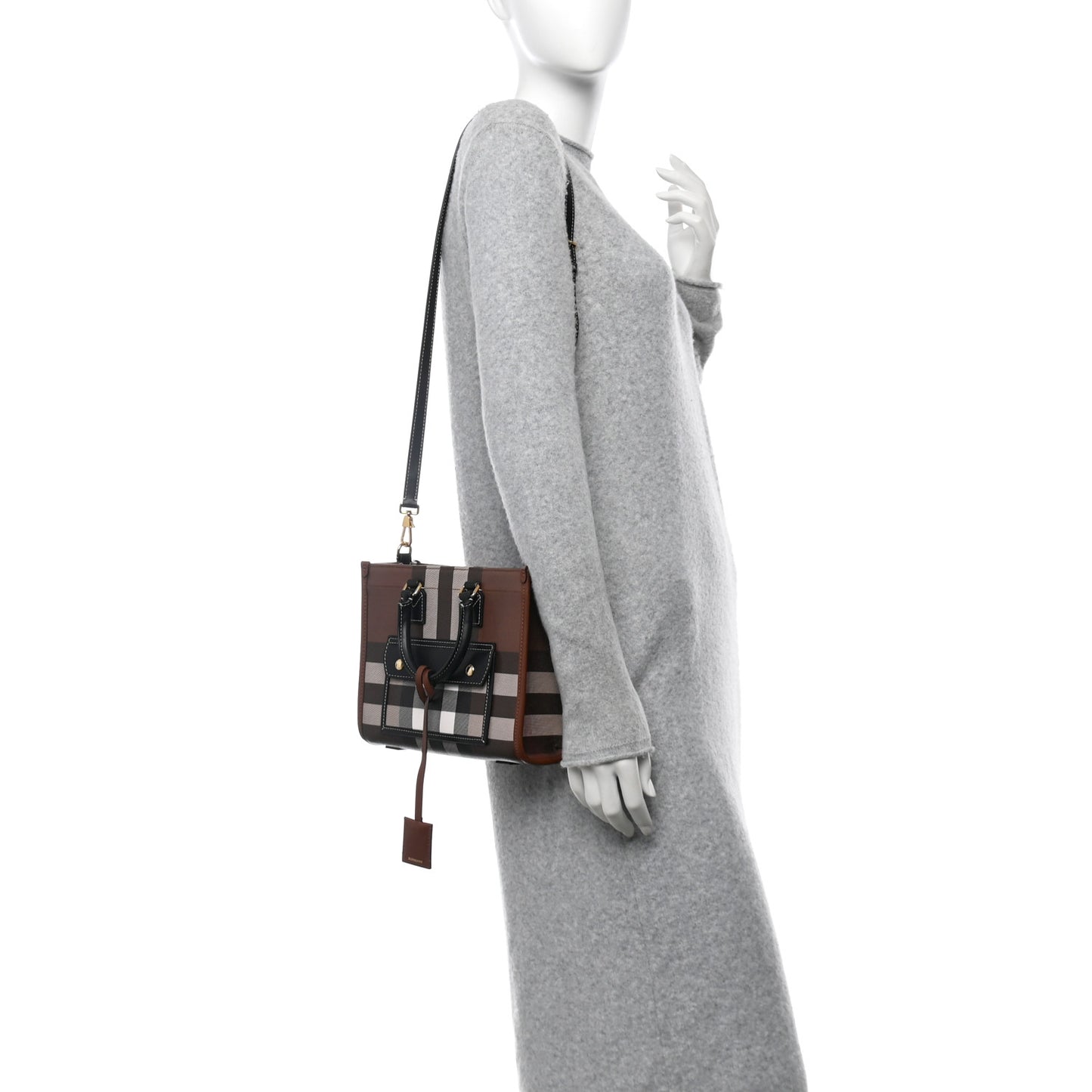 E-Canvas Check Calfskin Mini Freya Tote Dark Birch Brown