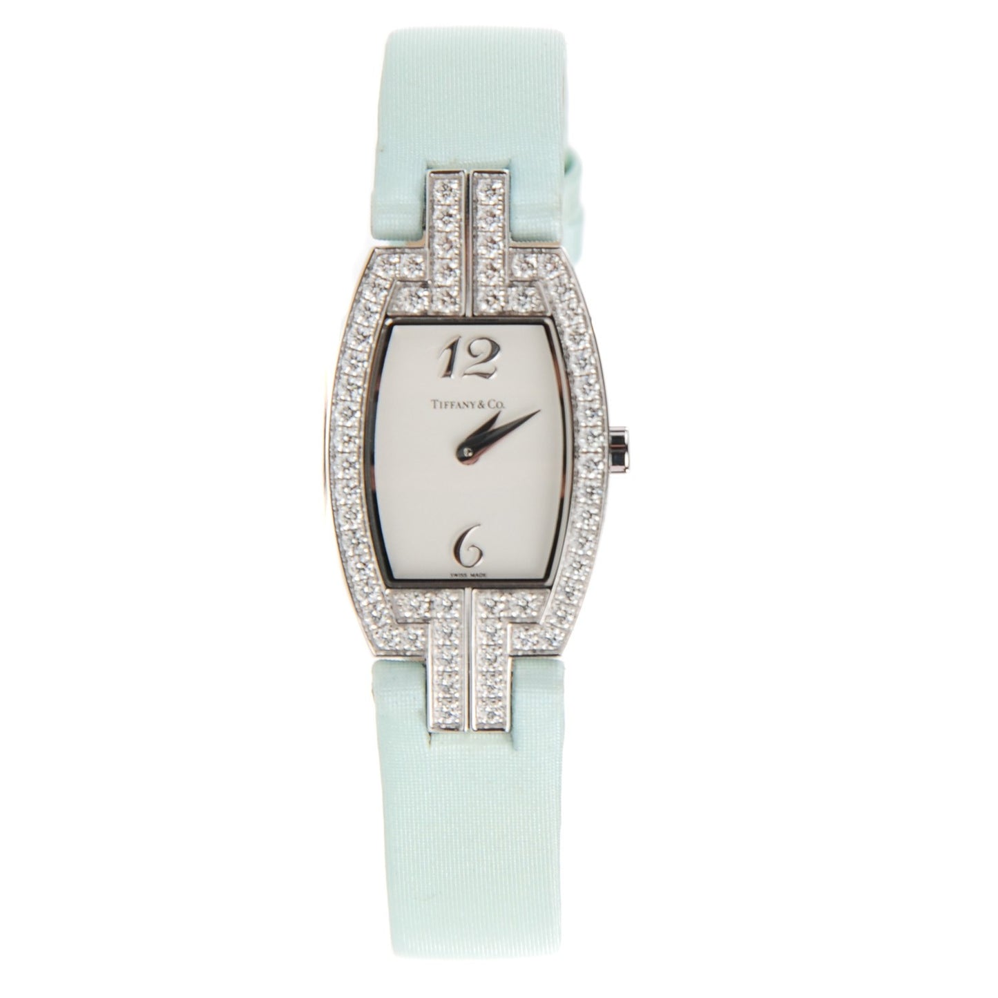 18K White Gold Satin Diamond Bezel 20mm Cocktail Quartz Watch Aqua