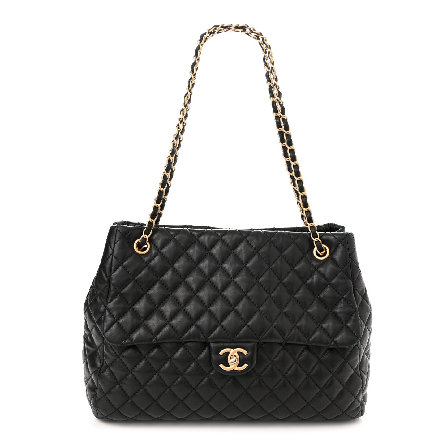 Lambskin Quilted Large Fluffy CC Shopping Tote Black