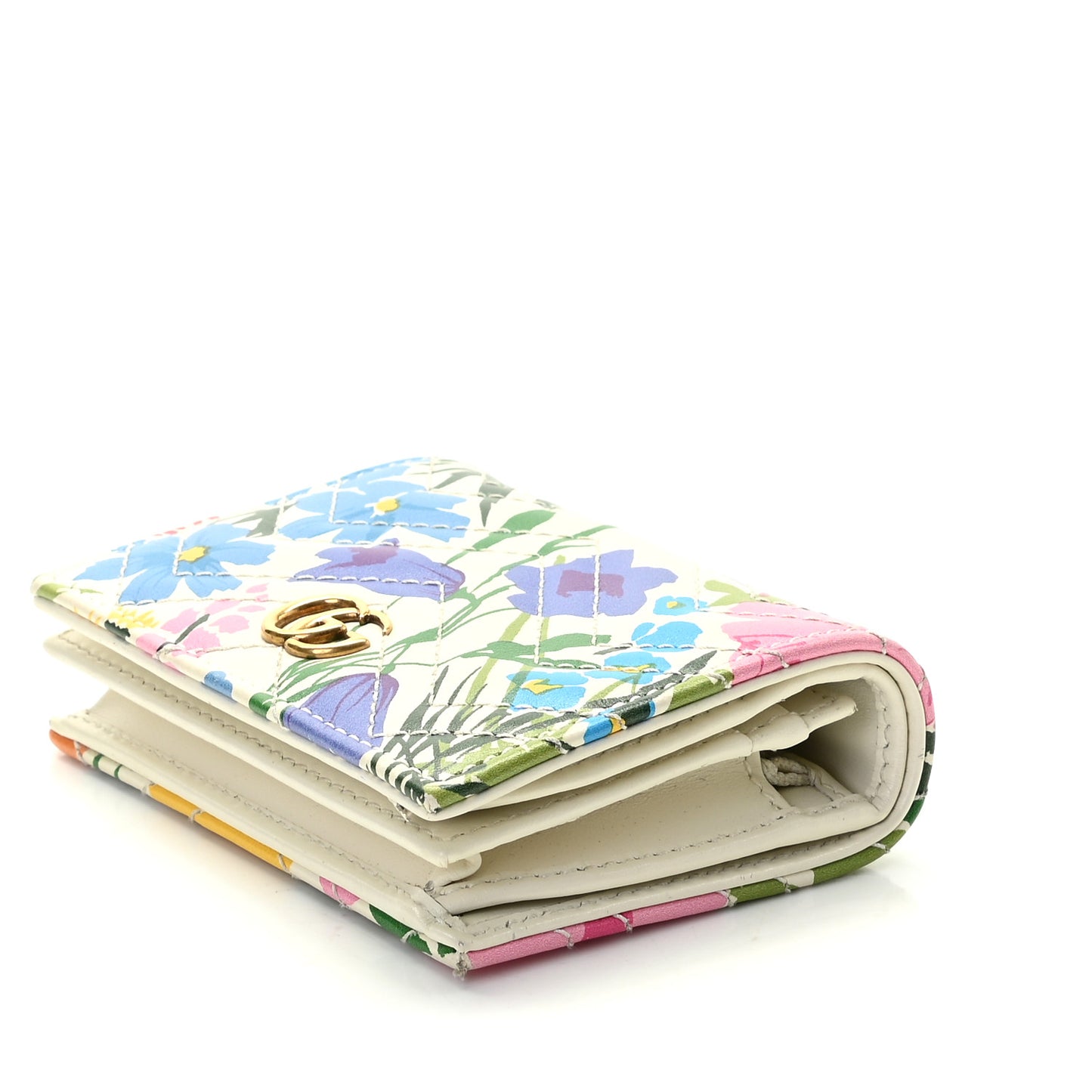 X KEN SCOTT Calfskin Matelasse Floral Print GG Marmont Card Case Wallet Ivory Pink