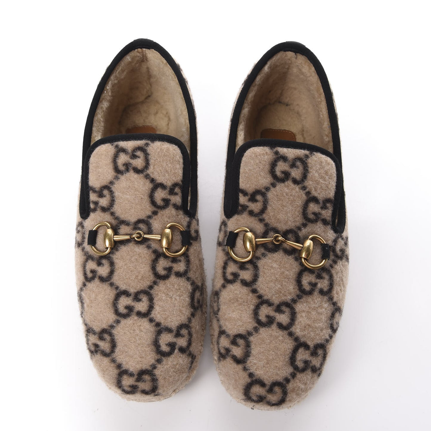 Covered Wool GG Monogram Mens Fria Horsebit Loafers 6 Beige Ebony Black Butterscotch