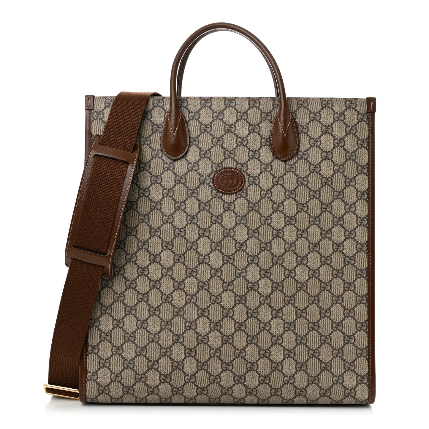 GG Supreme Monogram Textured Dollar Calfskin Web Medium Retro Interlocking G Vertical Tote Bag Beige Ebony Brown Sugar