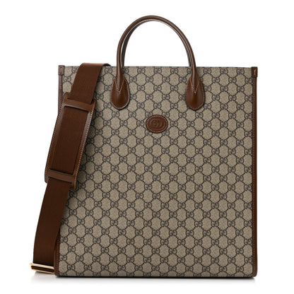 Gucci GG Supreme Monogram Textured Dollar Calfskin Web Medium Retro Interlocking G Vertical Tote Bag Beige Ebony Brown Sugar 1 of 10