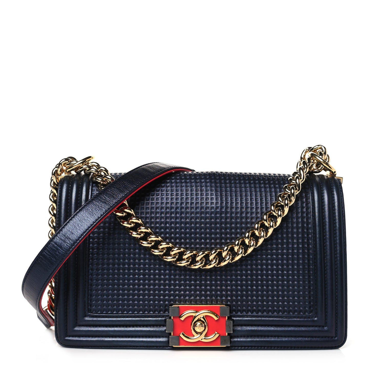 Lambskin Embossed Medium Boy Cube Flap Navy