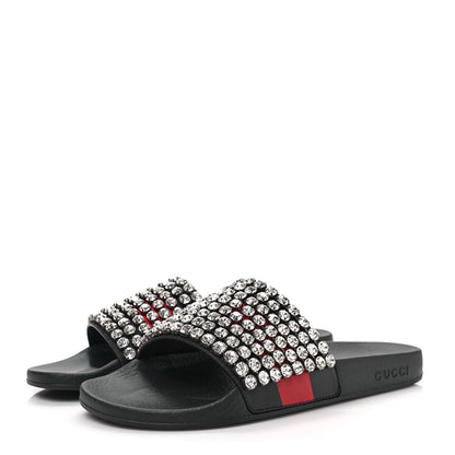Gucci Calfskin Crystal Embellished Web Slide Sandals 41 Blue Red 3 of 7
