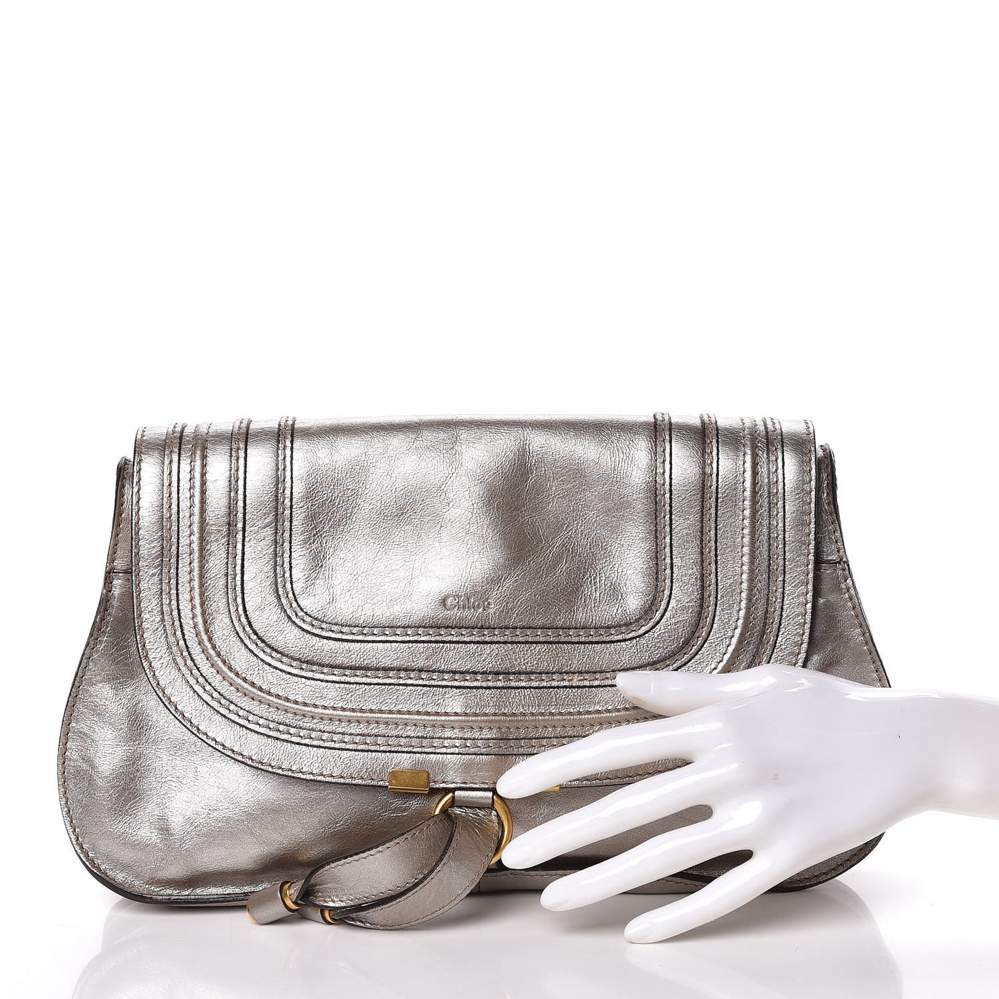 Metallic Calfskin Marcie Clutch Pewter
