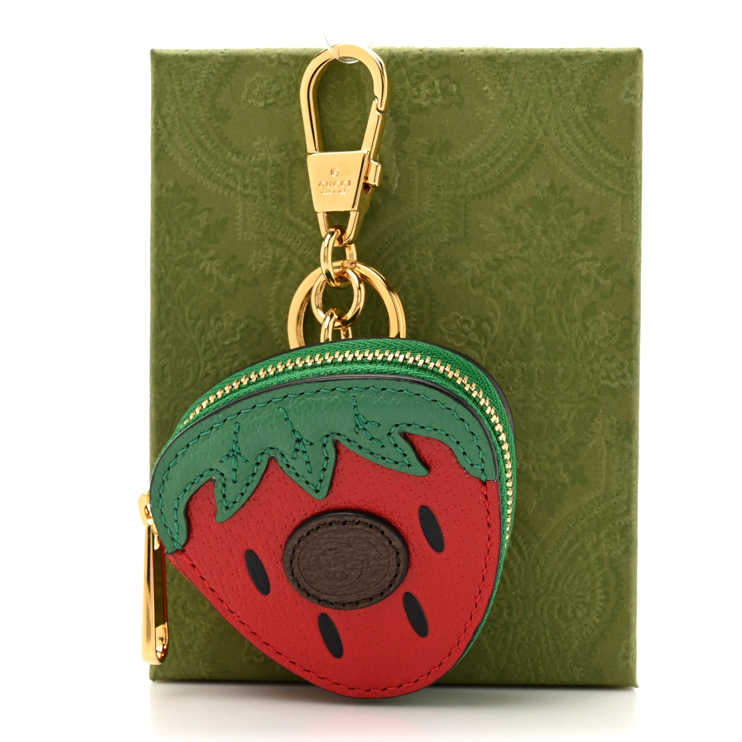Textured Dollar Calfskin Retro Interlocking G Fruttini Strawberry Coin Case Bag Charm Key Holder