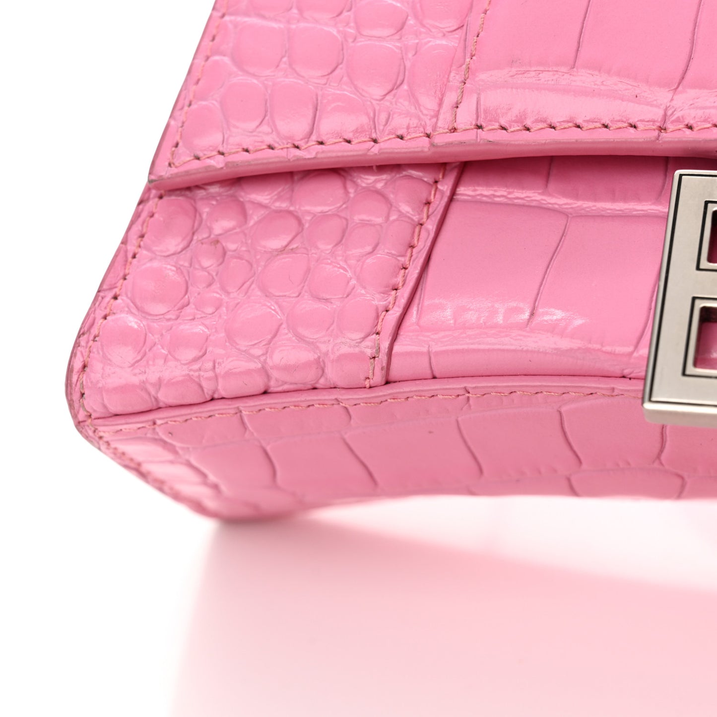 Shiny Calfskin Crocodile Embossed Hourglass Top Handle Bag XS Baby Pink
