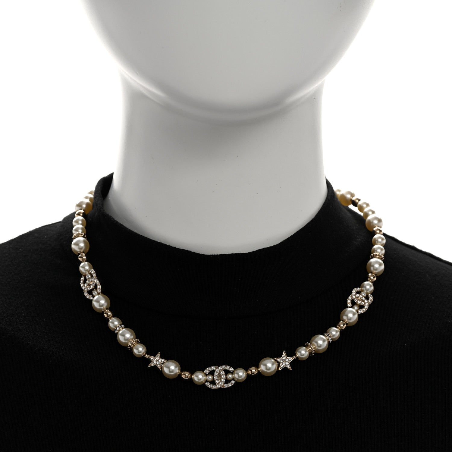 Chanel Metal Crystal Pearl CC Star Short Pendant Necklace Gold 2 of 5