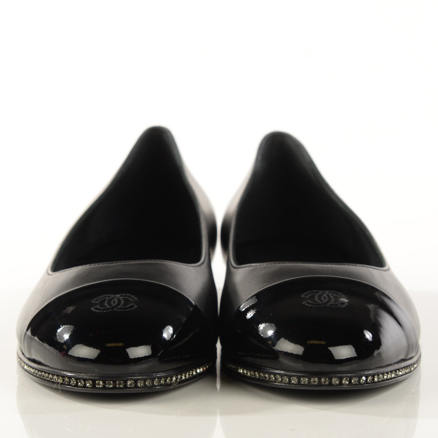 Chanel Patent Lambskin Crystal CC Cap Toe Ballerina Flats 38 Black 2 of 8